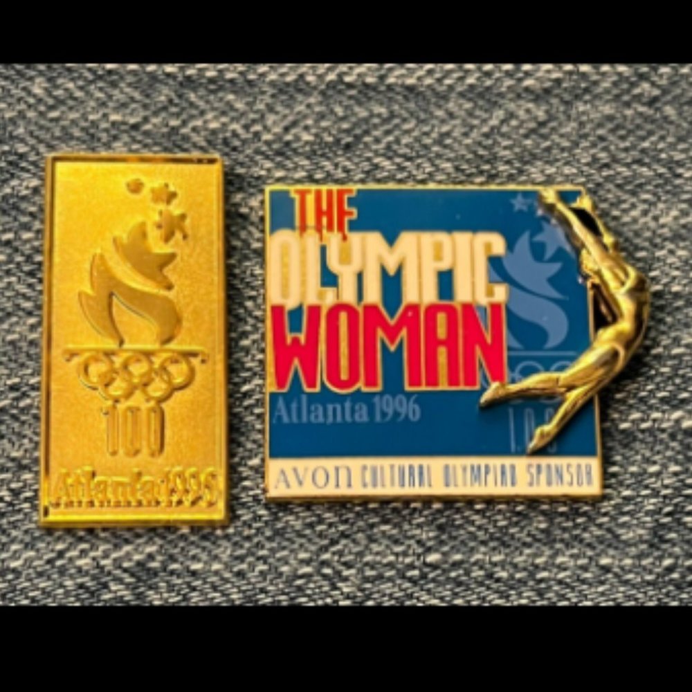 Set of Two 1996 Olympic Pin Lot ~ Atlanta Logo Torch ~ Avon ~ The Olympic Woman